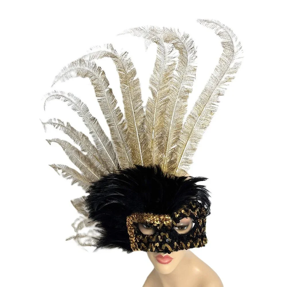 Showgirl Carnival Feather Gold Black Headdress Deluxe Vintage
